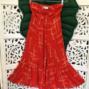 Ava Sky strapless red/gold geometric line print tube top dress. Size S. Pockets.